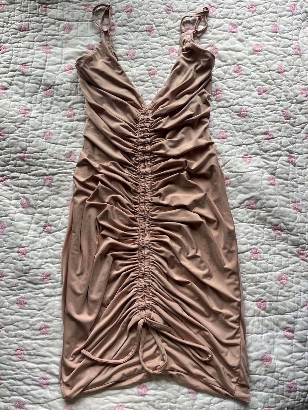 Tiger Mist Blush Ruched Mini Dress
